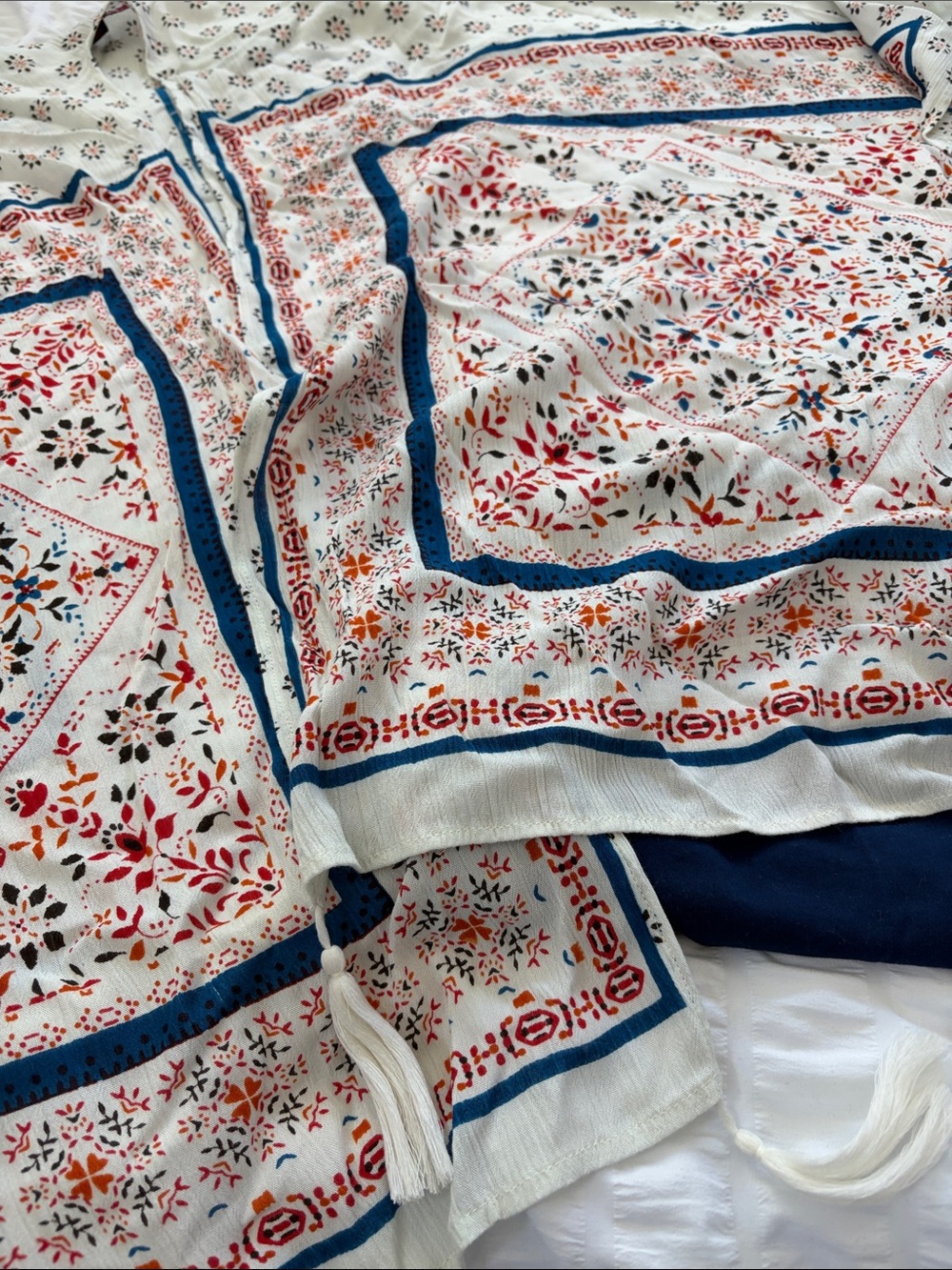 Floral Print Rayon Tunic with Blue Border. Cover a swimsuit, tank top or dress.